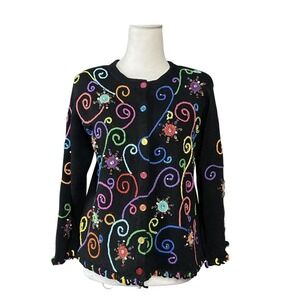 Jane's Closet‎ Cardigan Sweater Womens Small Black Beaded Colorful Embroidered
